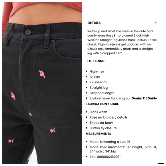 PacSun Rose Embroidered Black High Waisted Straight Leg Jeans - Picture 3 of 13